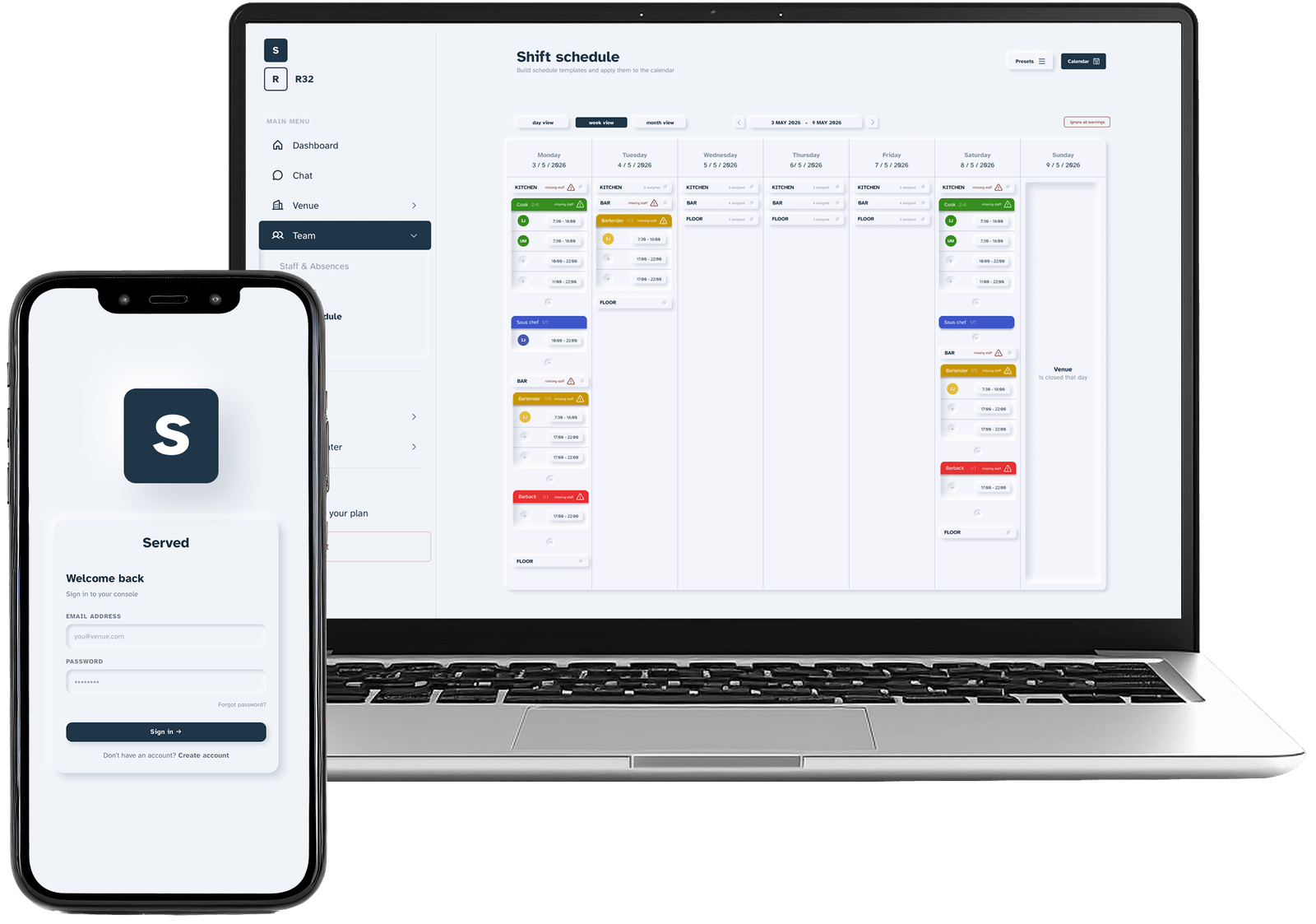 Served app - shift schedule and mobile login